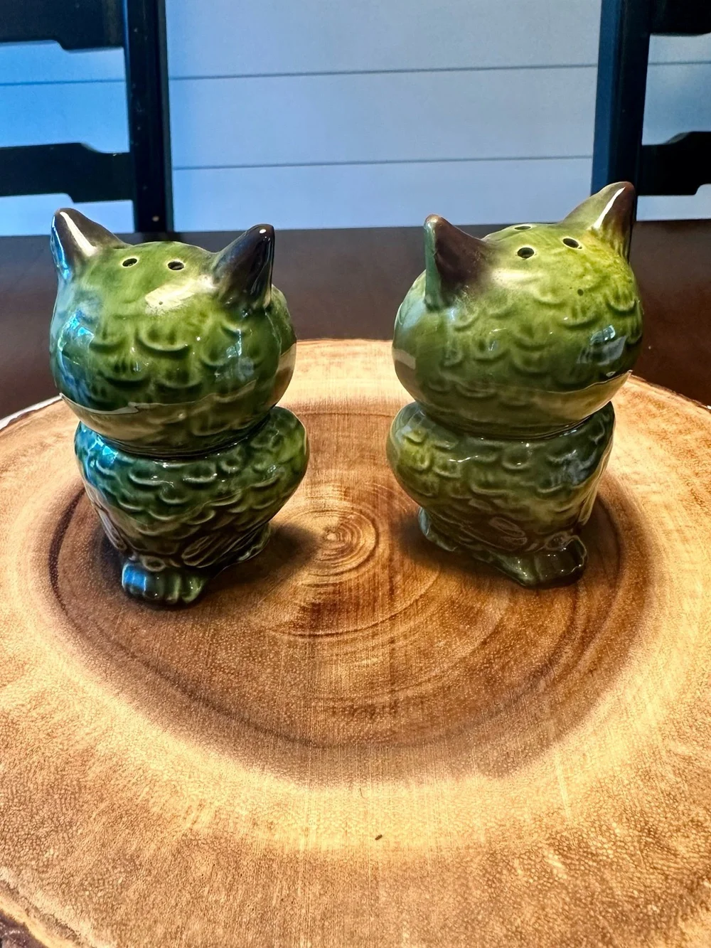 Vintage Mid-Century Green Ceramic Owl Salt & Pepper Shakers Made in Japan